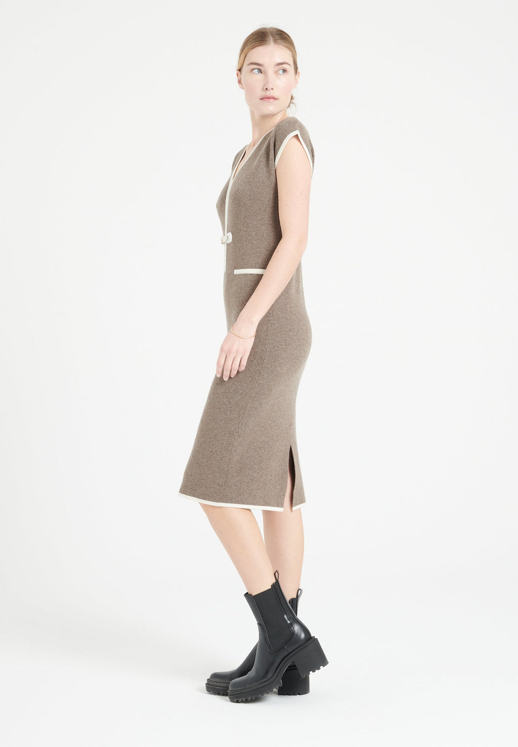 MIA 2 Cashmere V-neck midi dress in taupe milano knit