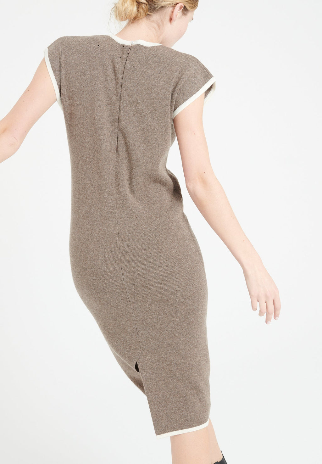 MIA 2 Cashmere V-neck midi dress in taupe milano knit