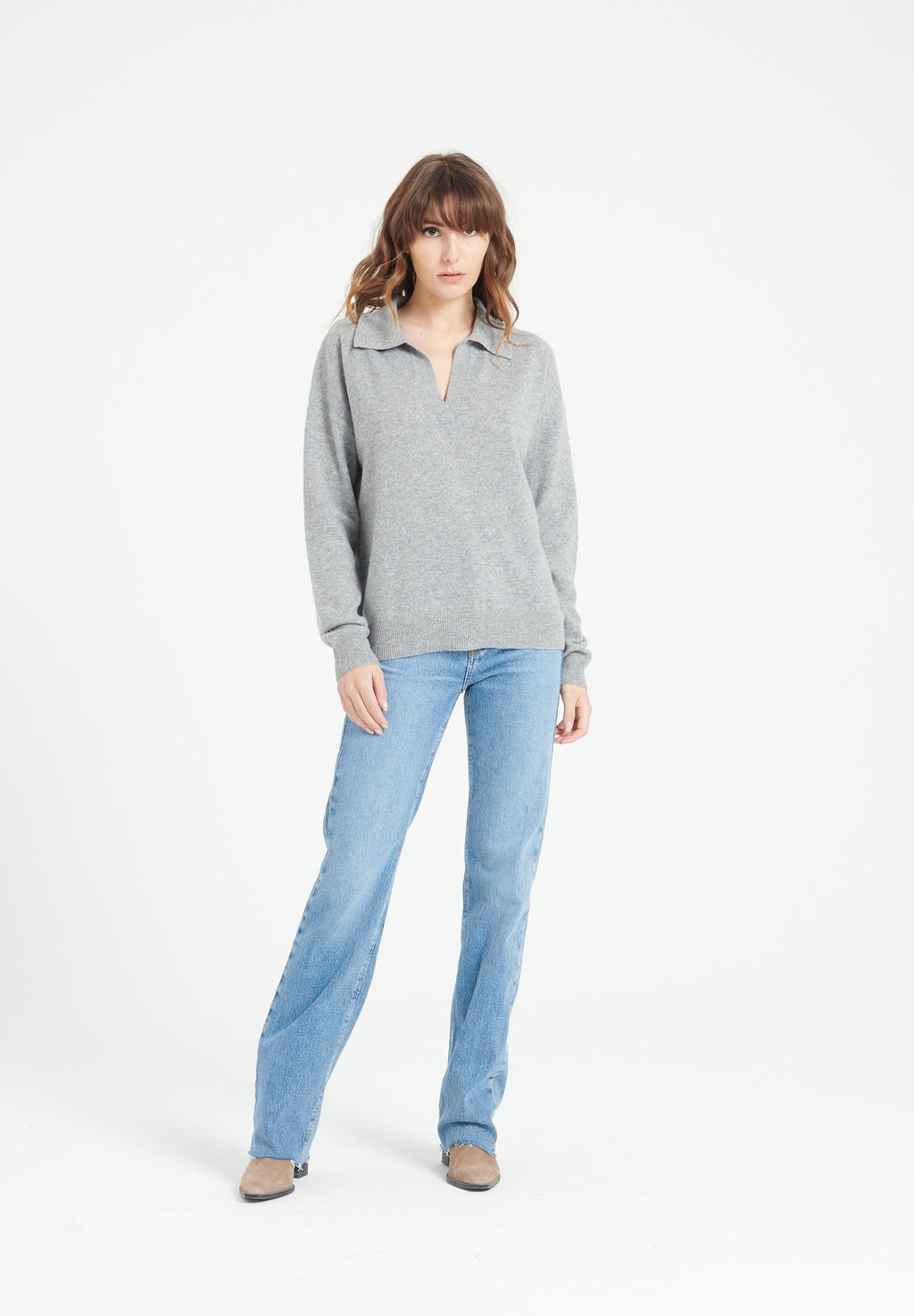 MIA 3 Long-sleeved polo shirt in light grey cashmere