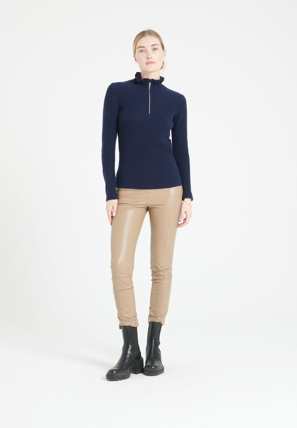 MIA 4 Ribbed cashmere zipped pullover falbala collar navy blue