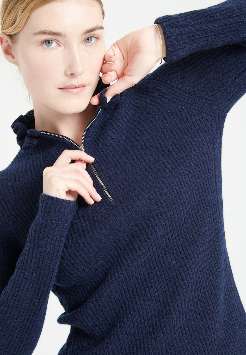 MIA 4 Ribbed cashmere zipped pullover falbala collar navy blue