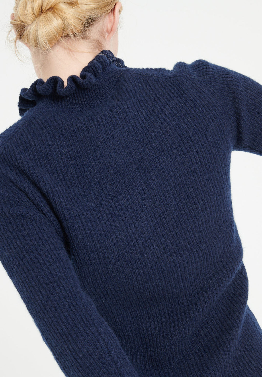 MIA 4 Ribbed cashmere zipped pullover falbala collar navy blue