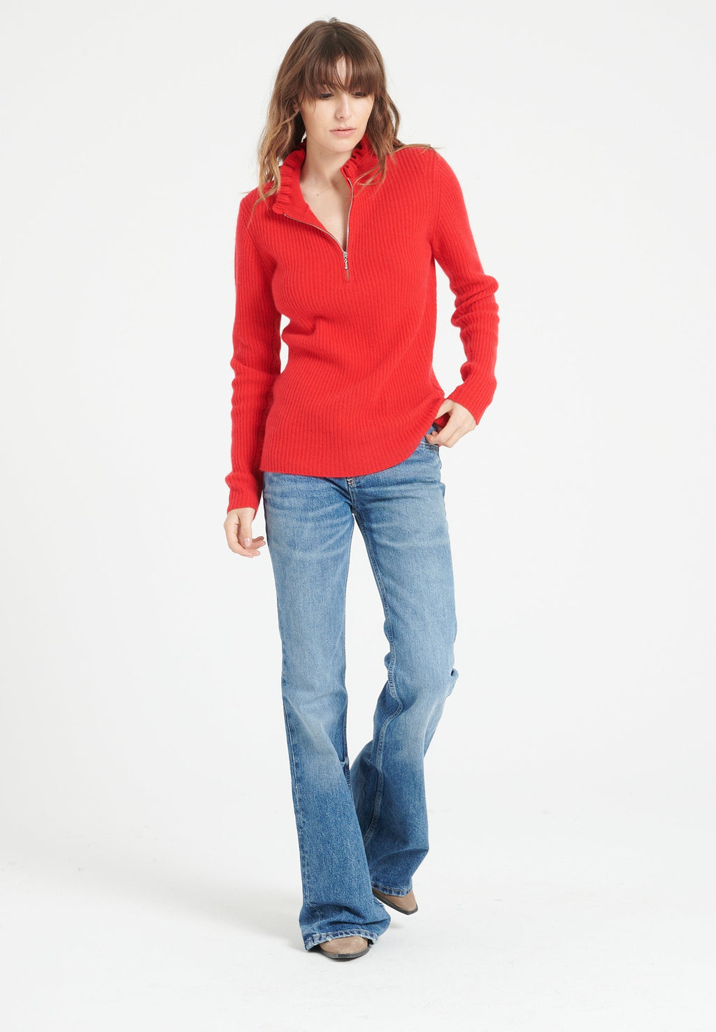 MIA 4 Red ribbed cashmere zipped sweater with falbala collar