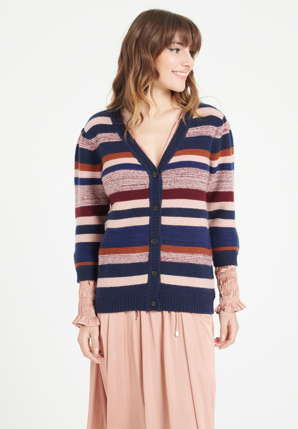 MIA 11 Striped cashmere V-neck cardigan with puffed sleeves 6 multi-colored yarns