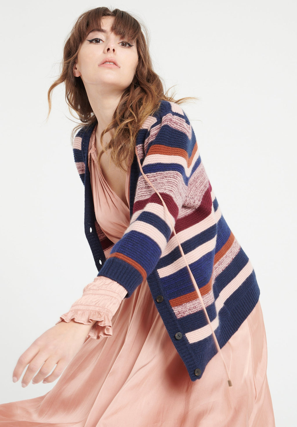 MIA 11 Striped cashmere V-neck cardigan with puffed sleeves 6 multi-colored yarns