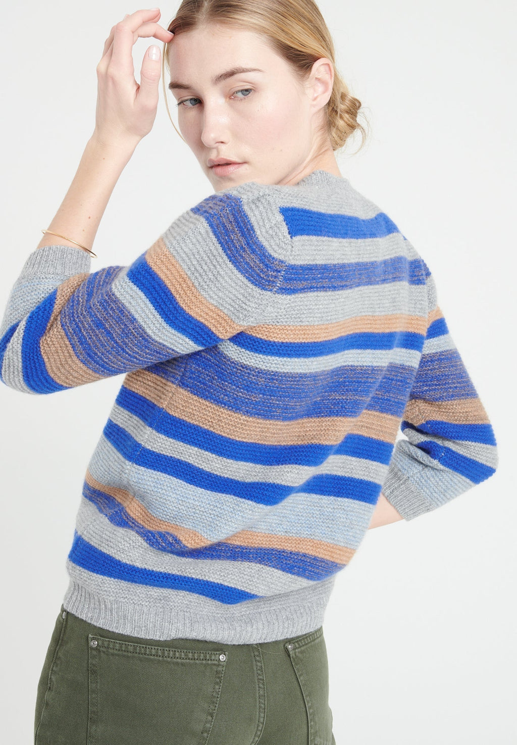 MIA 11 Striped cashmere V-neck cardigan with puffed sleeves 6 multi-colored yarns