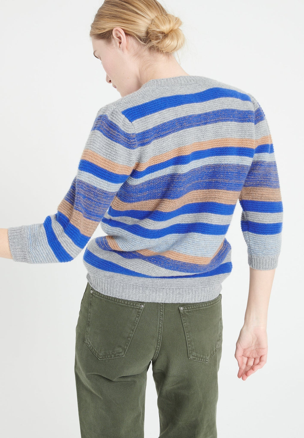 MIA 11 Striped cashmere V-neck cardigan with puffed sleeves 6 multi-colored yarns