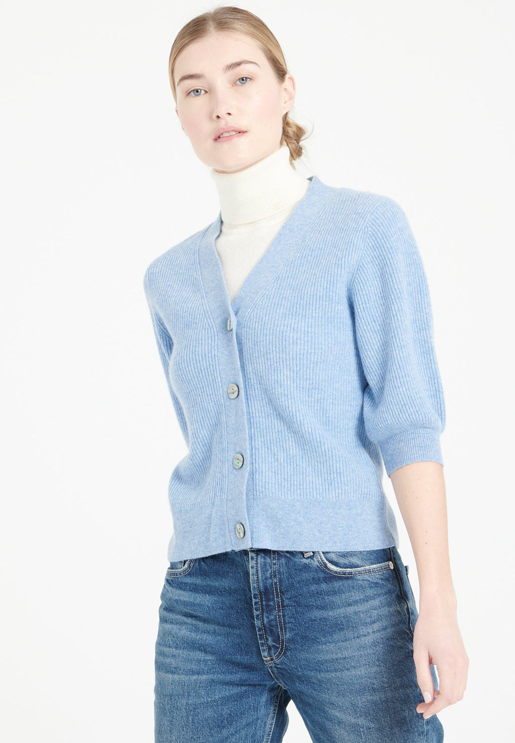 MIA 13 V-neck cashmere cardigan short-sleeved rib knit light blue