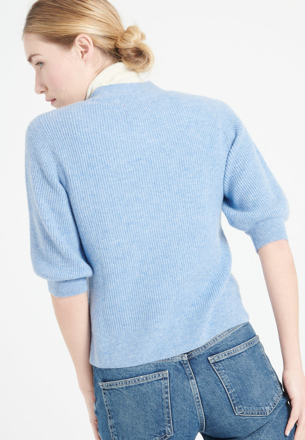 MIA 13 V-neck cashmere cardigan short-sleeved rib knit light blue