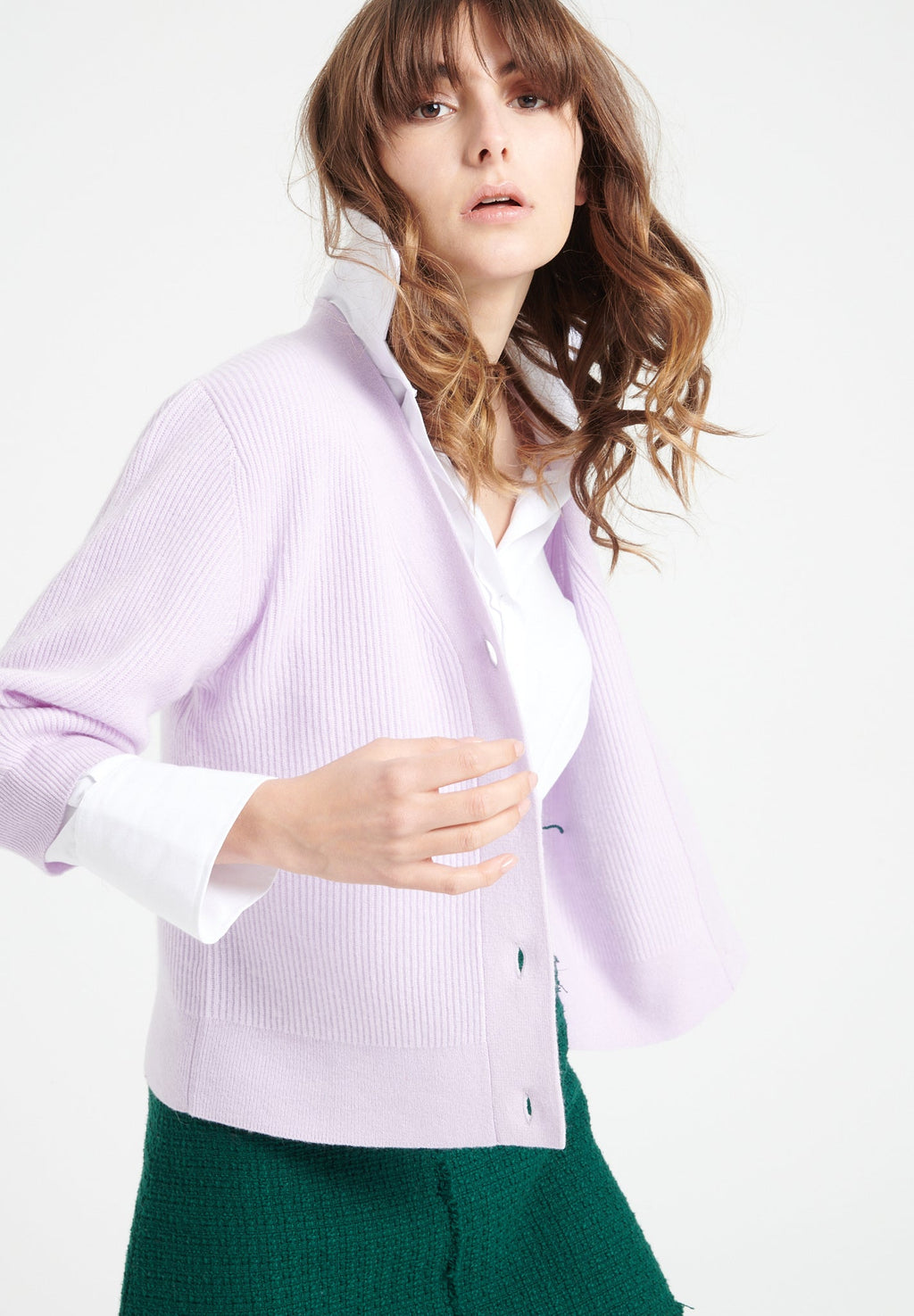 MIA 13 V-neck cashmere cardigan short sleeves ribbed lilac