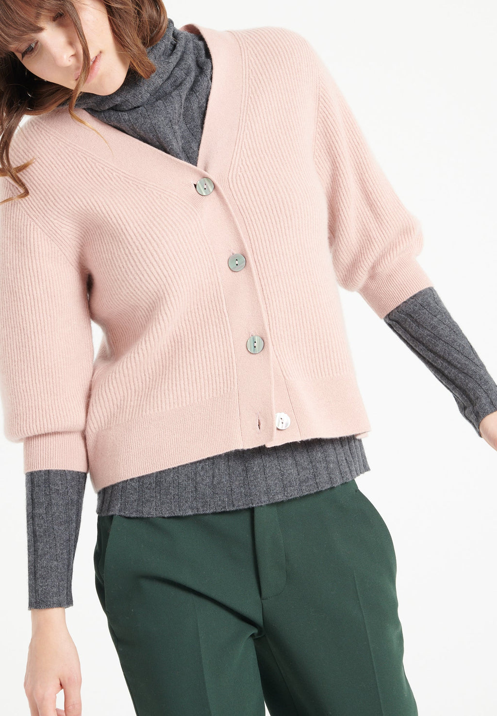 MIA 13 V-neck cashmere cardigan short-sleeved rib knit powder pink