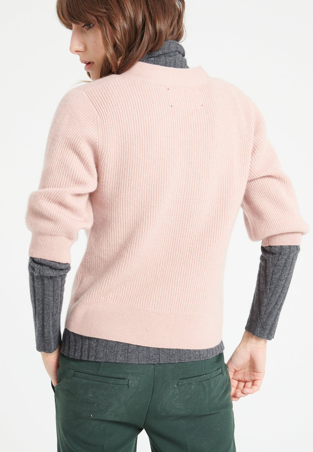 MIA 13 V-neck cashmere cardigan short-sleeved rib knit powder pink