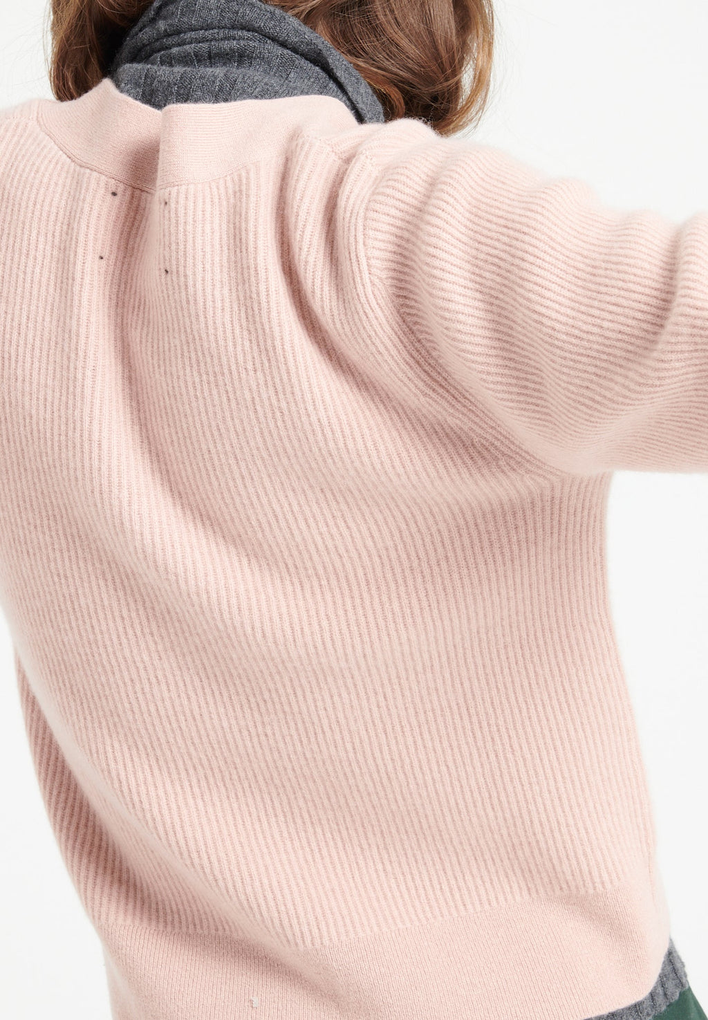 MIA 13 V-neck cashmere cardigan short-sleeved rib knit powder pink