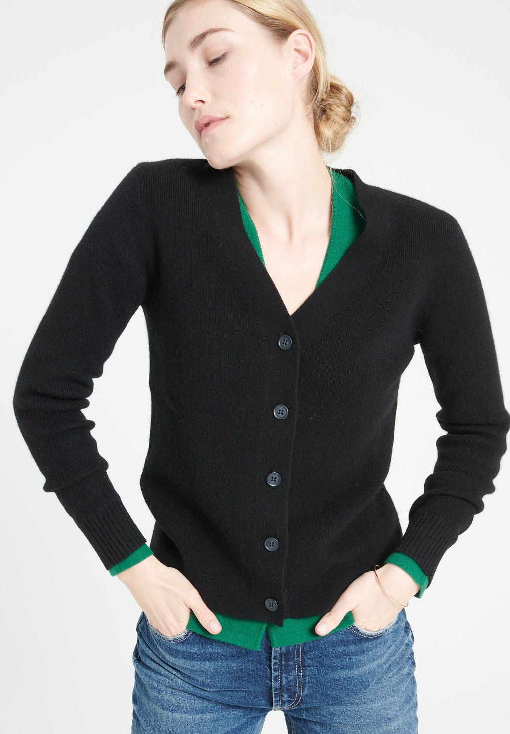 MIA 14 V-neck cashmere ribbed cardigan, black