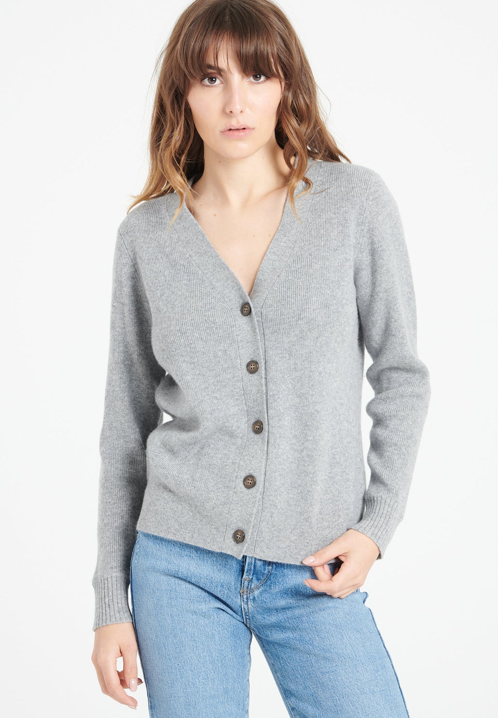 MIA 14 V-neck cashmere cardigan in ribbed knit, light grey