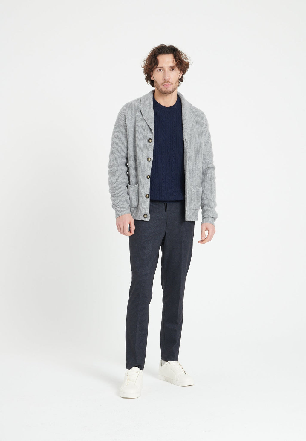 ZACH 4 4-thread cashmere ribbed shawl-collar cardigan light grey