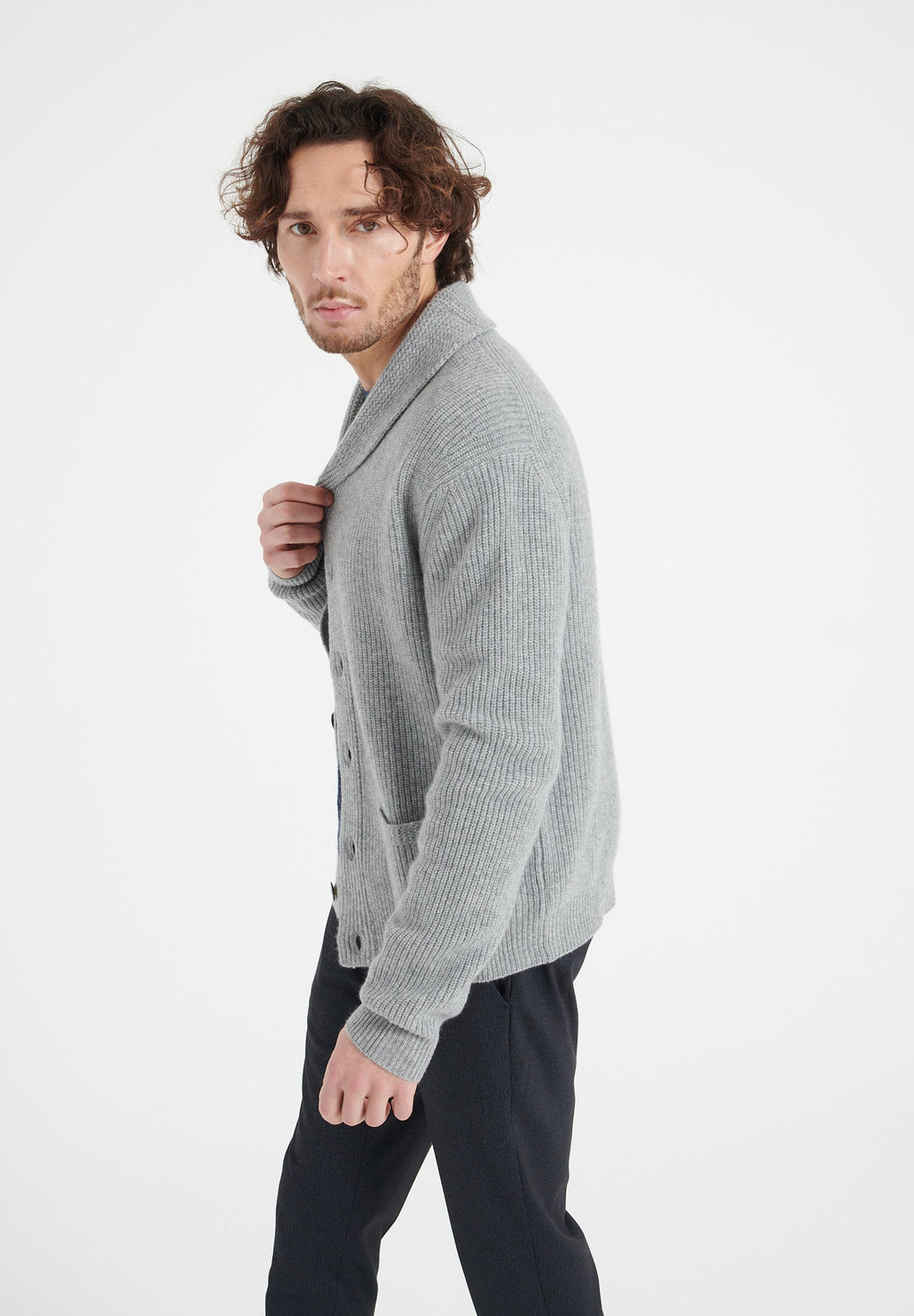 ZACH 4 4-thread cashmere ribbed shawl-collar cardigan light grey