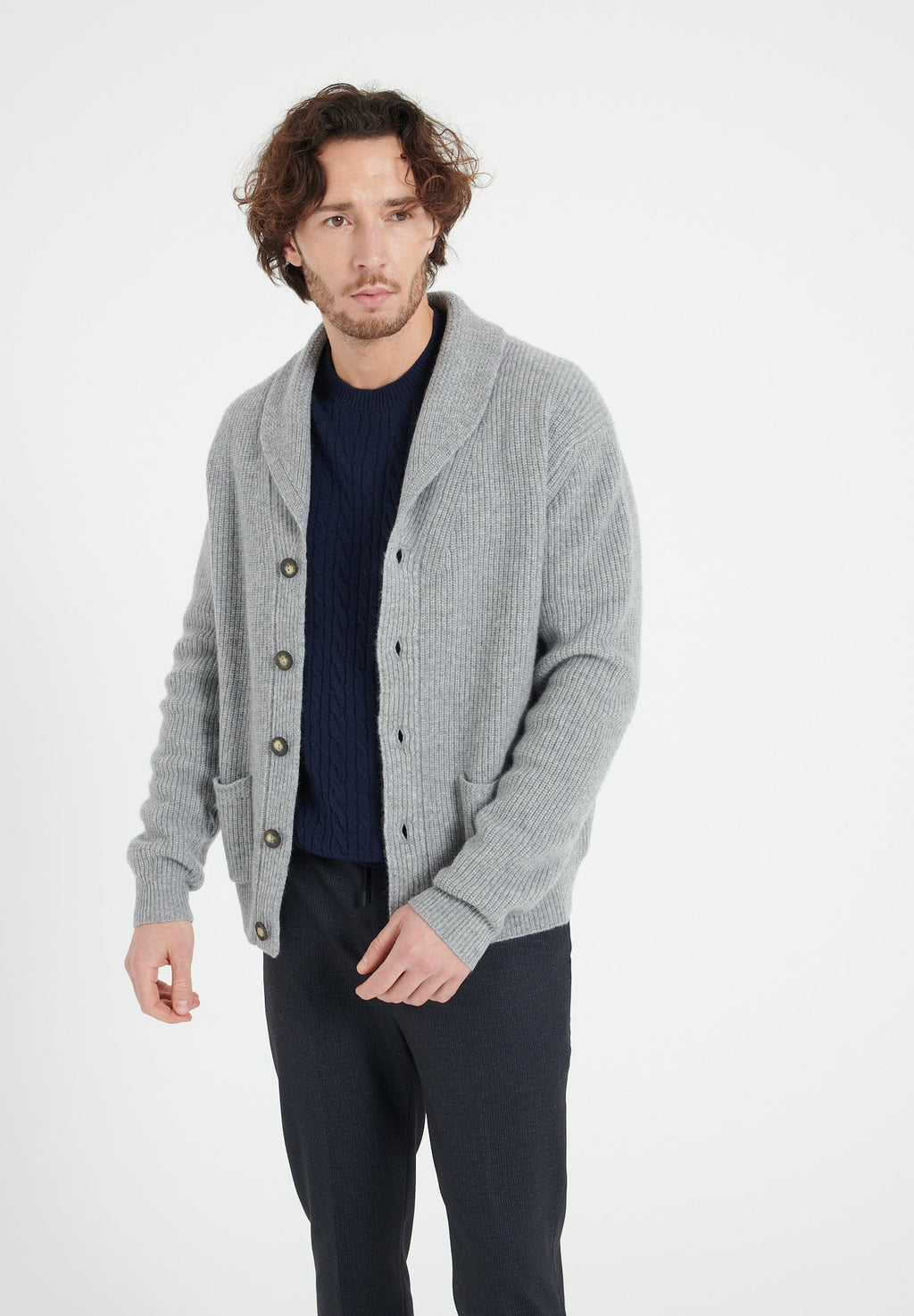 ZACH 4 4-thread cashmere ribbed shawl-collar cardigan light grey