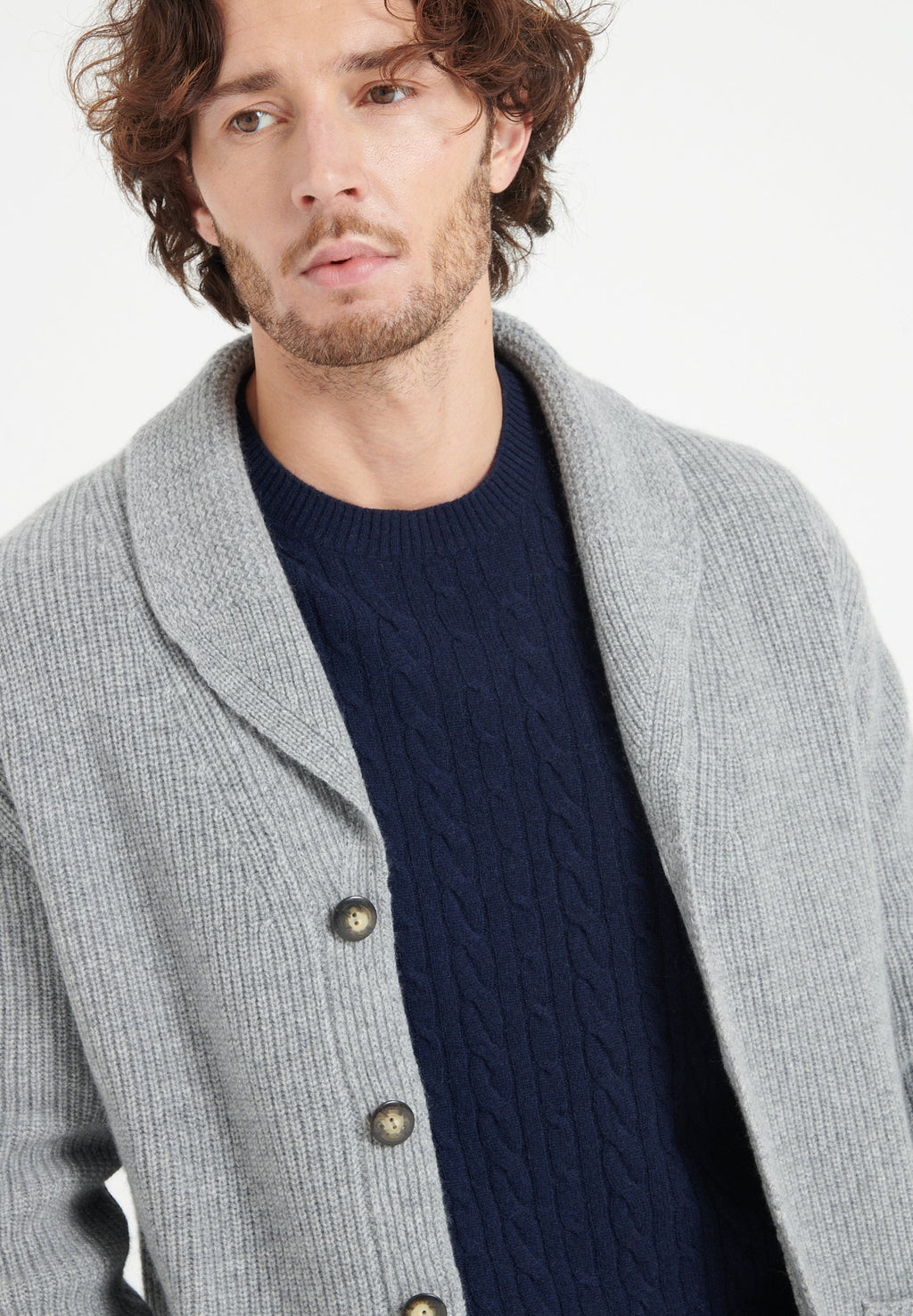 ZACH 4 4-thread cashmere ribbed shawl-collar cardigan light grey