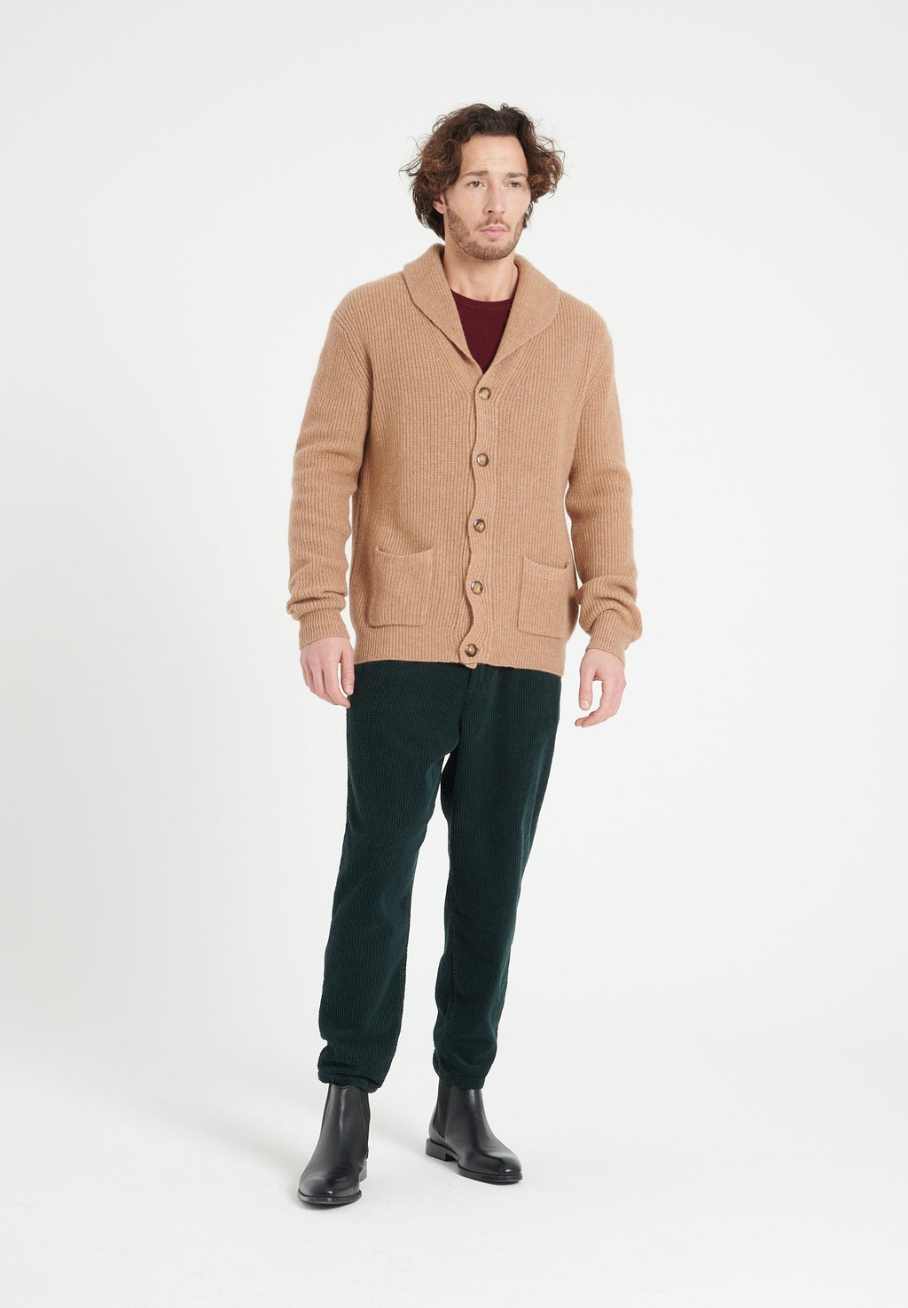 ZACH 4 Camel 4-thread cashmere ribbed shawl-collar cardigan