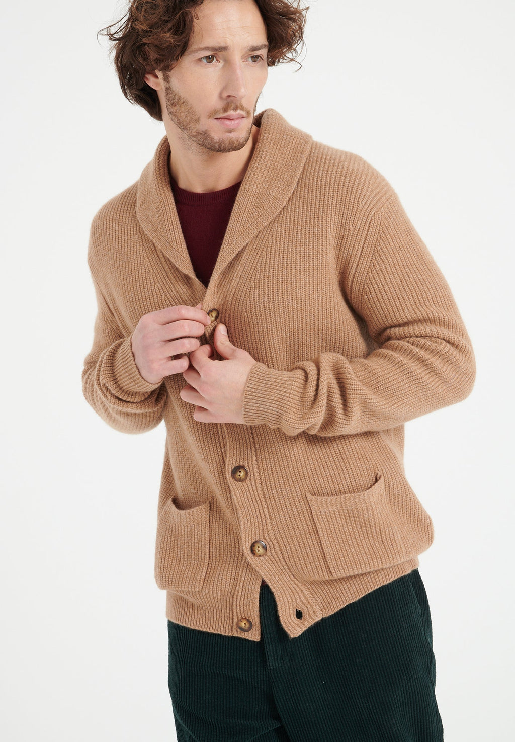 ZACH 4 Camel 4-thread cashmere ribbed shawl-collar cardigan