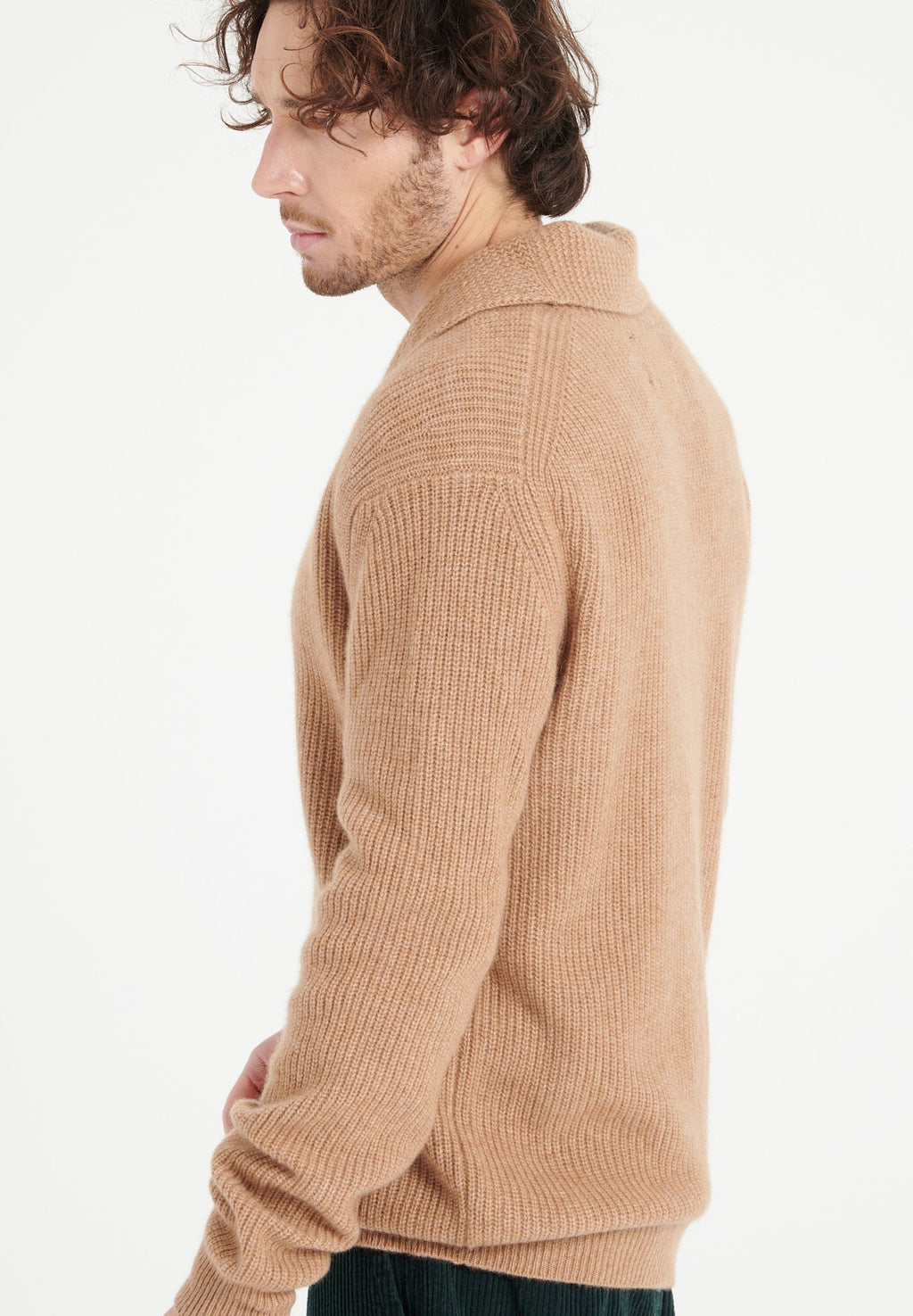 ZACH 4 Camel 4-thread cashmere ribbed shawl-collar cardigan