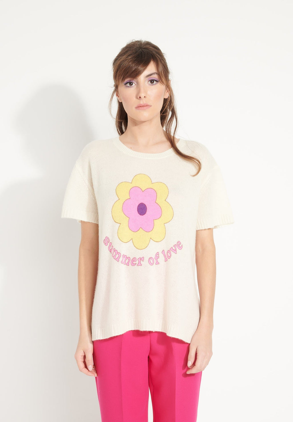 AVA 9 Short-sleeved cashmere T-shirt with "SUMMER OF LOVE" print in ecru white