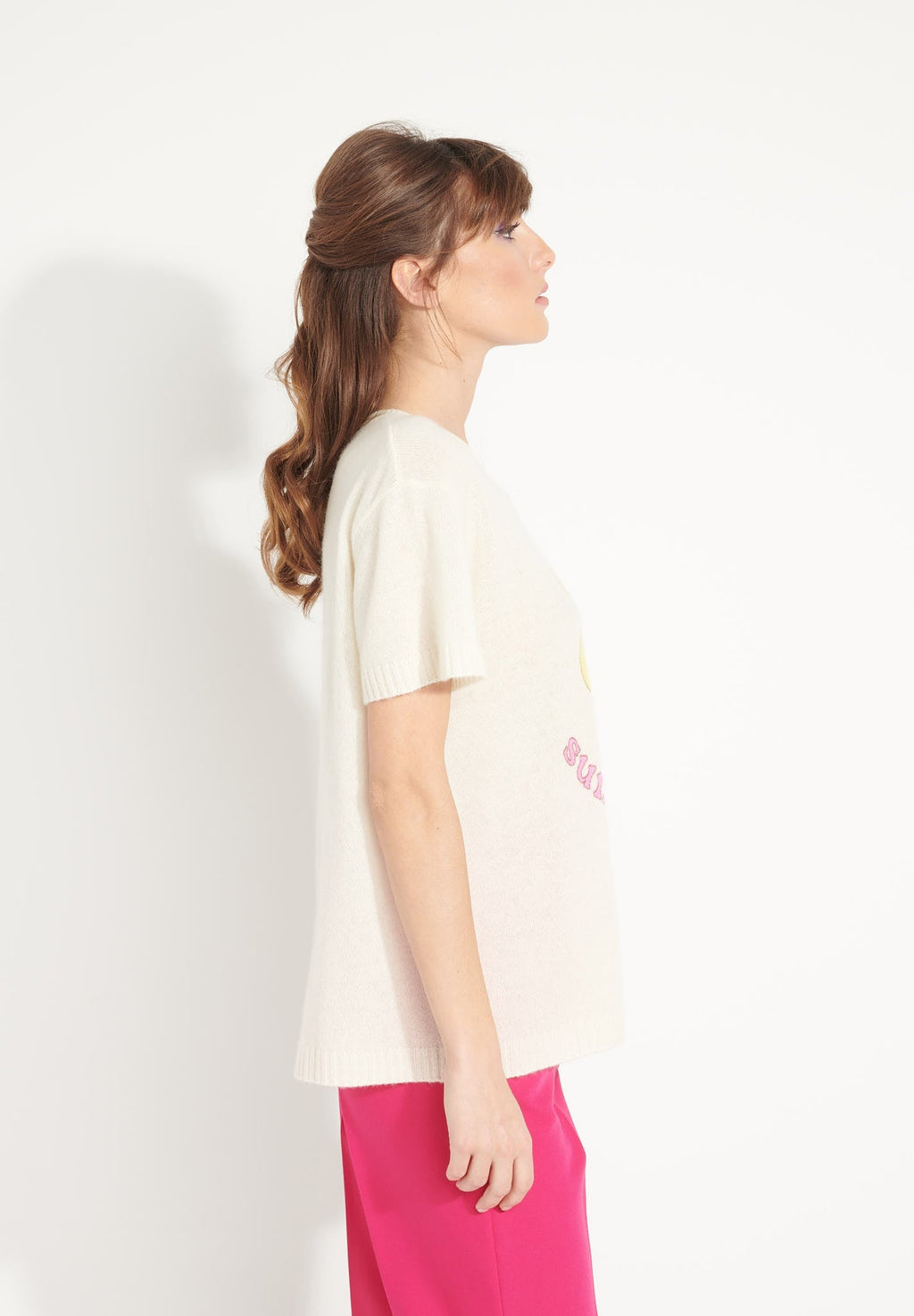 AVA 9 Short-sleeved cashmere T-shirt with "SUMMER OF LOVE" print in ecru white