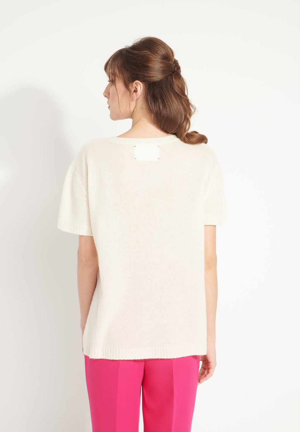 AVA 9 Short-sleeved cashmere T-shirt with "SUMMER OF LOVE" print in ecru white