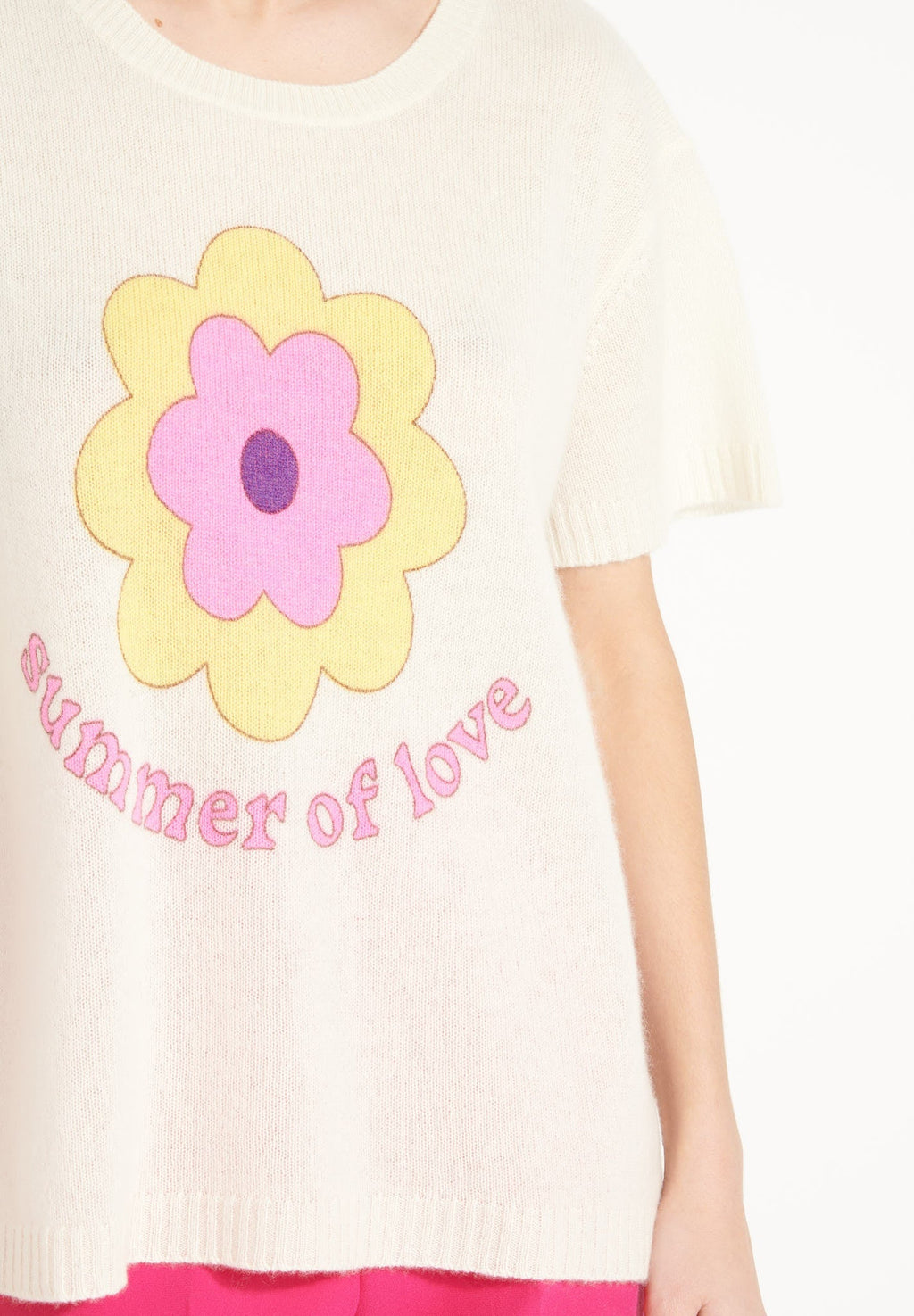 AVA 9 Short-sleeved cashmere T-shirt with "SUMMER OF LOVE" print in ecru white