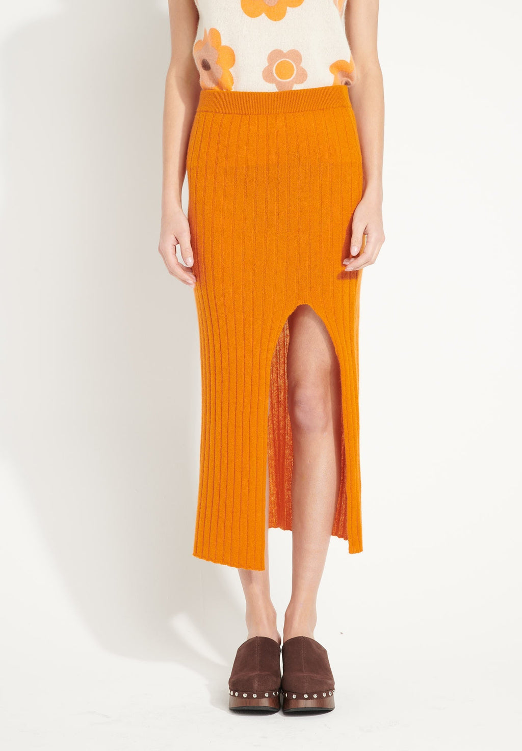 AVA 13 Long cashmere skirt with pumpkin orange slit