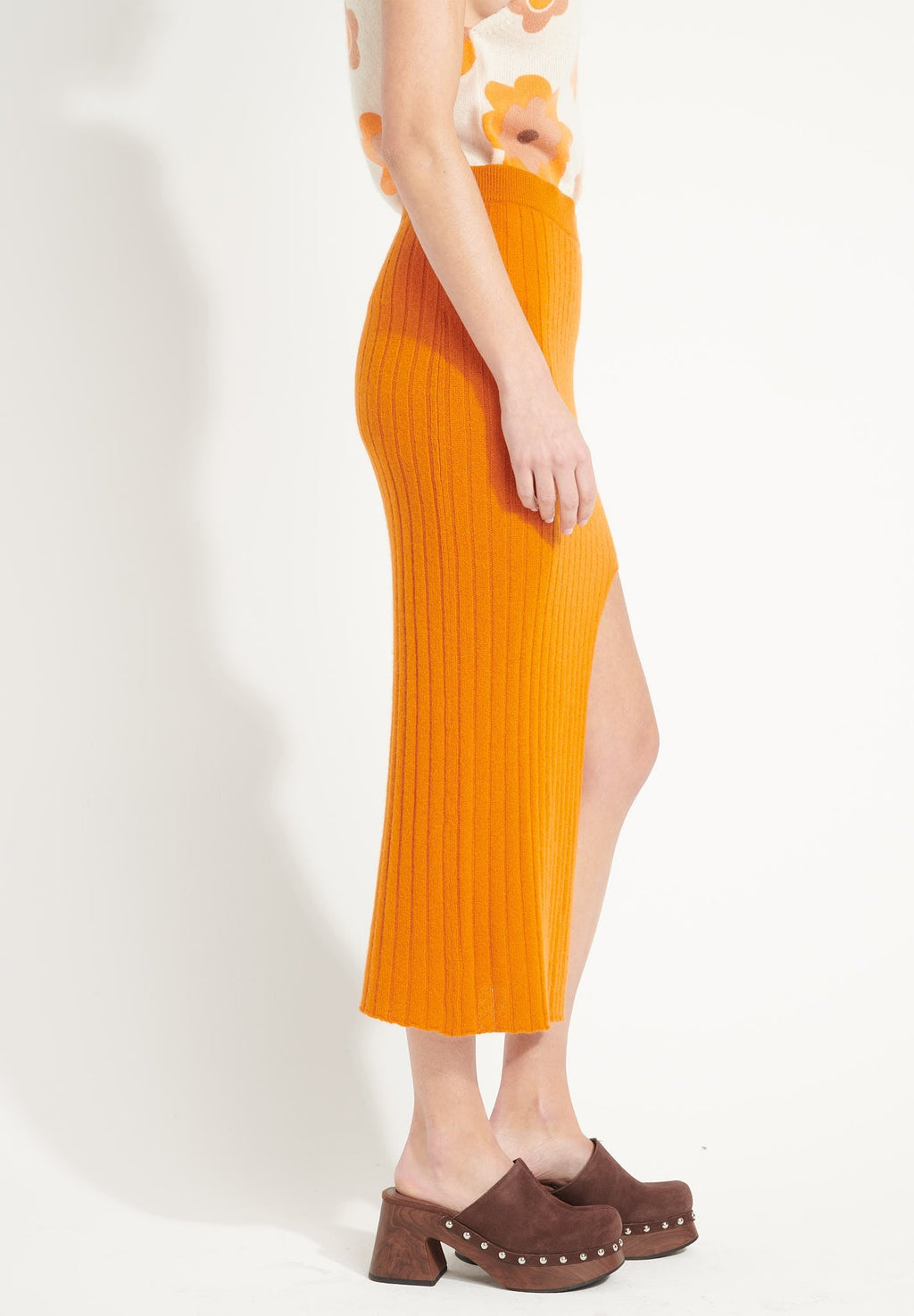 AVA 13 Long cashmere skirt with pumpkin orange slit