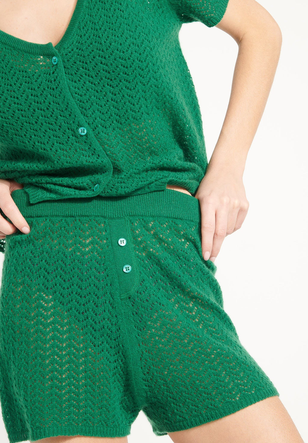 AVA 14 Emerald green pointelle cashmere mini shorts