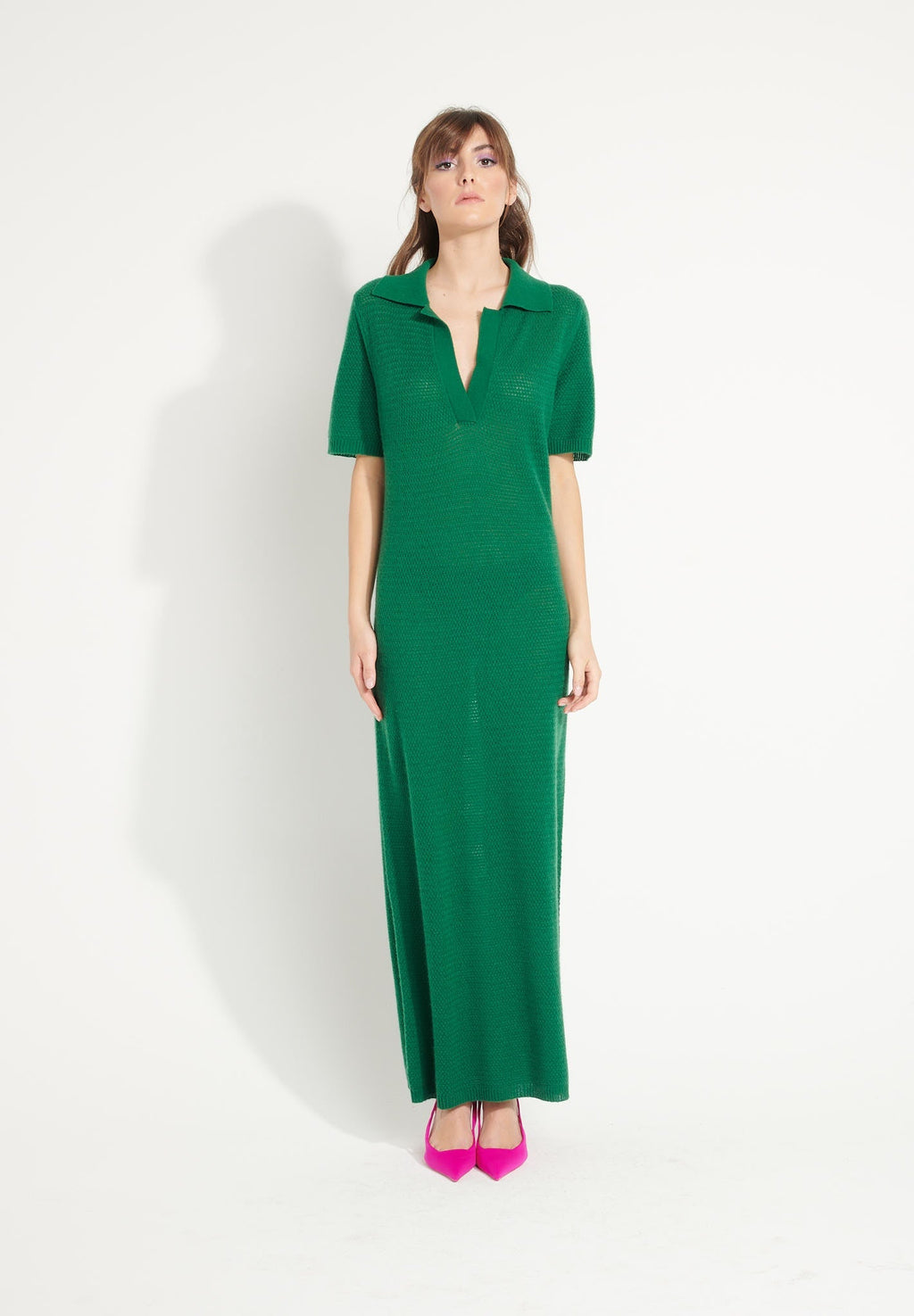 AVA 18 Long cashmere polo-neck dress in emerald green pointelle knit