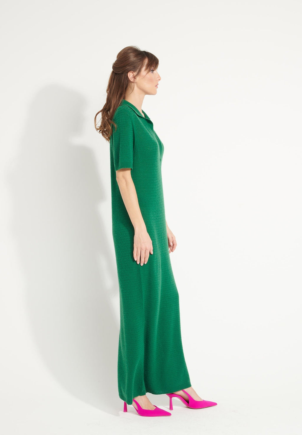 AVA 18 Long cashmere polo-neck dress in emerald green pointelle knit