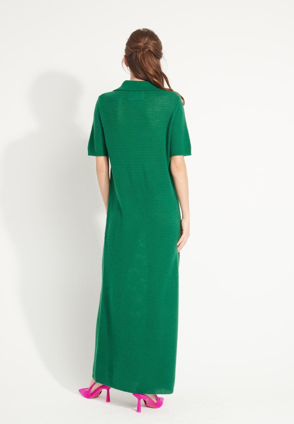 AVA 18 Long cashmere polo-neck dress in emerald green pointelle knit