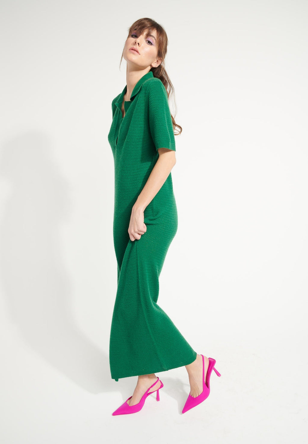 AVA 18 Long cashmere polo-neck dress in emerald green pointelle knit