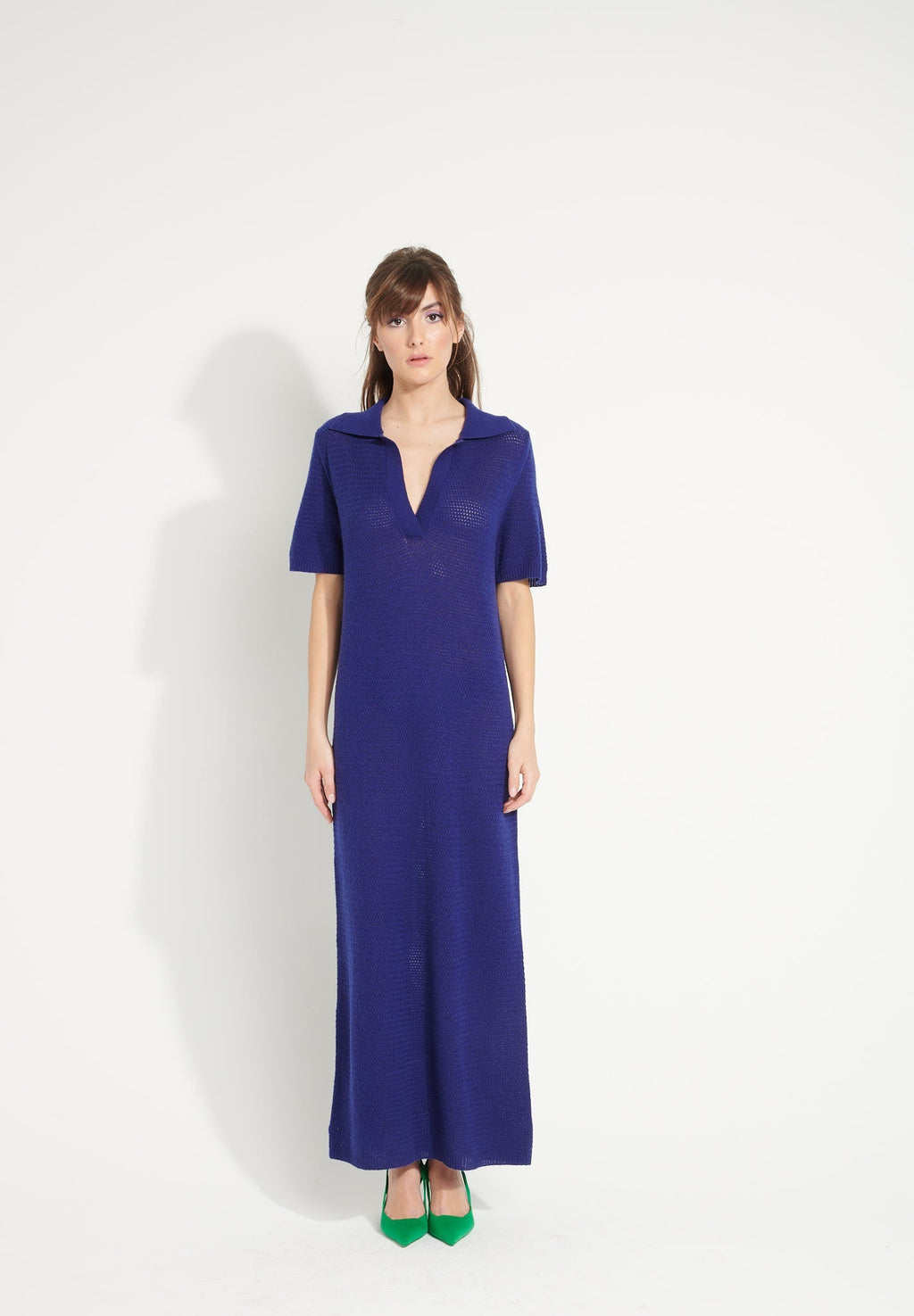 AVA 18 Long polo-neck dress in cashmere with pointelle knit in midnight blue