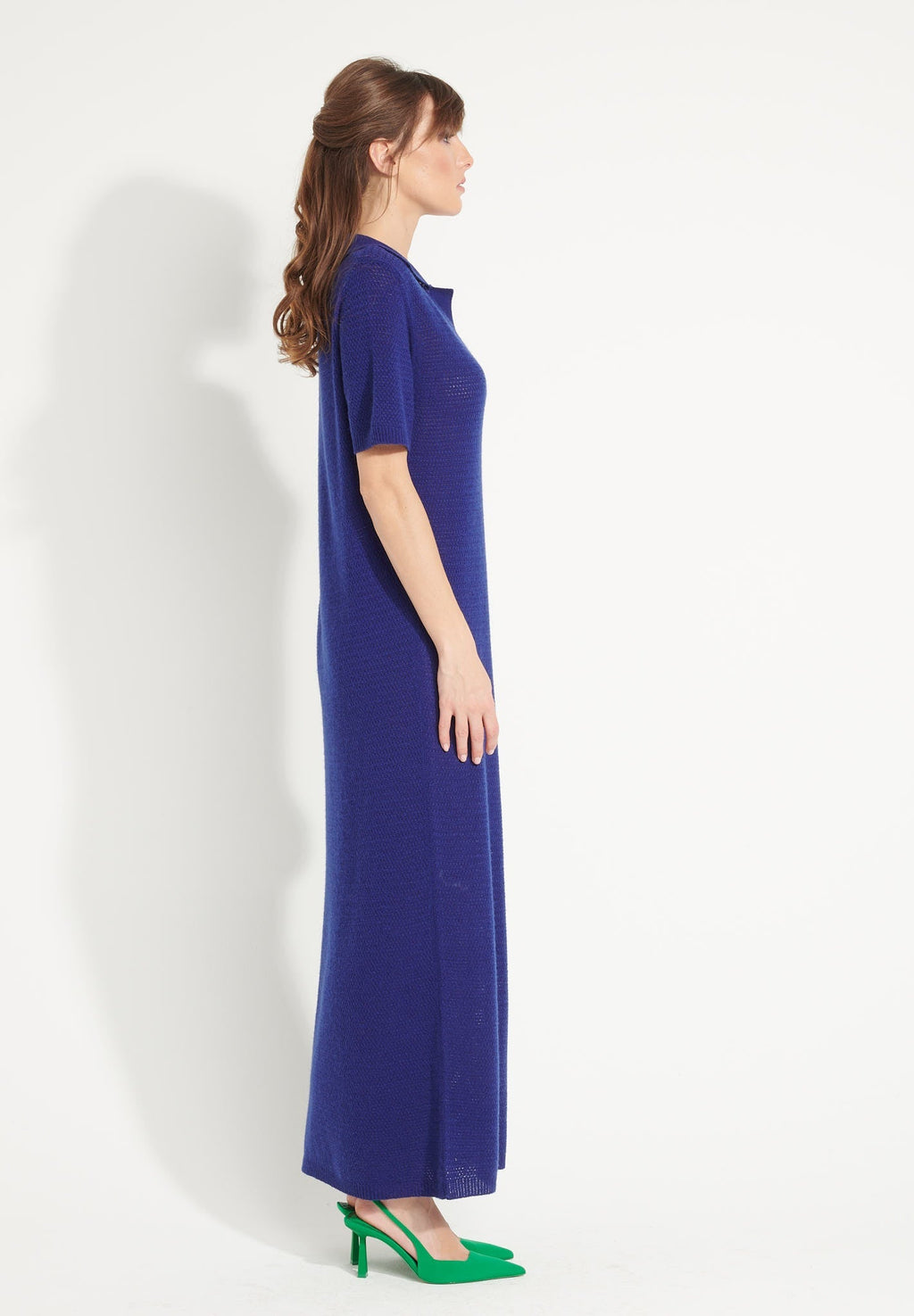 AVA 18 Long polo-neck dress in cashmere with pointelle knit in midnight blue