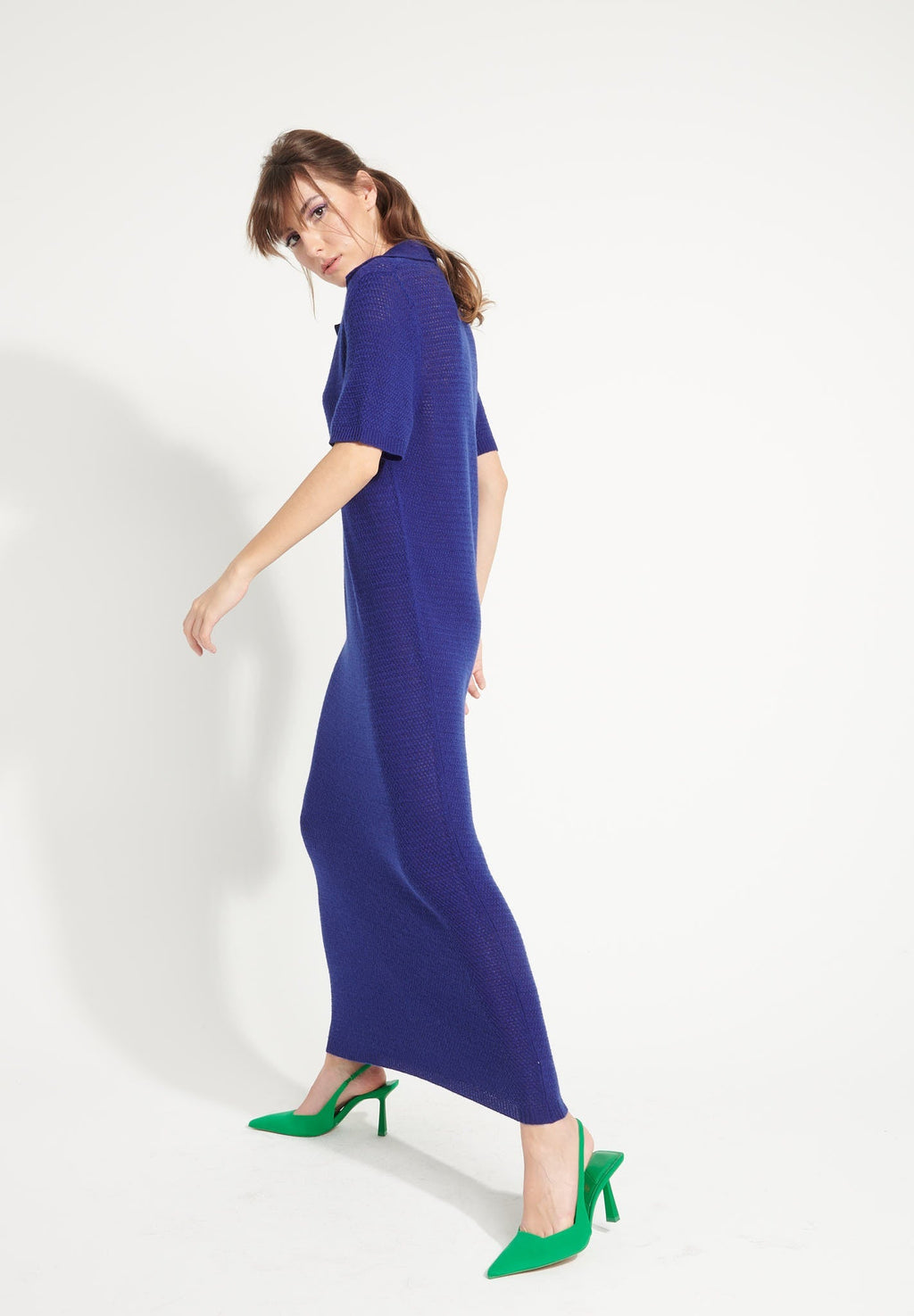 AVA 18 Long polo-neck dress in cashmere with pointelle knit in midnight blue