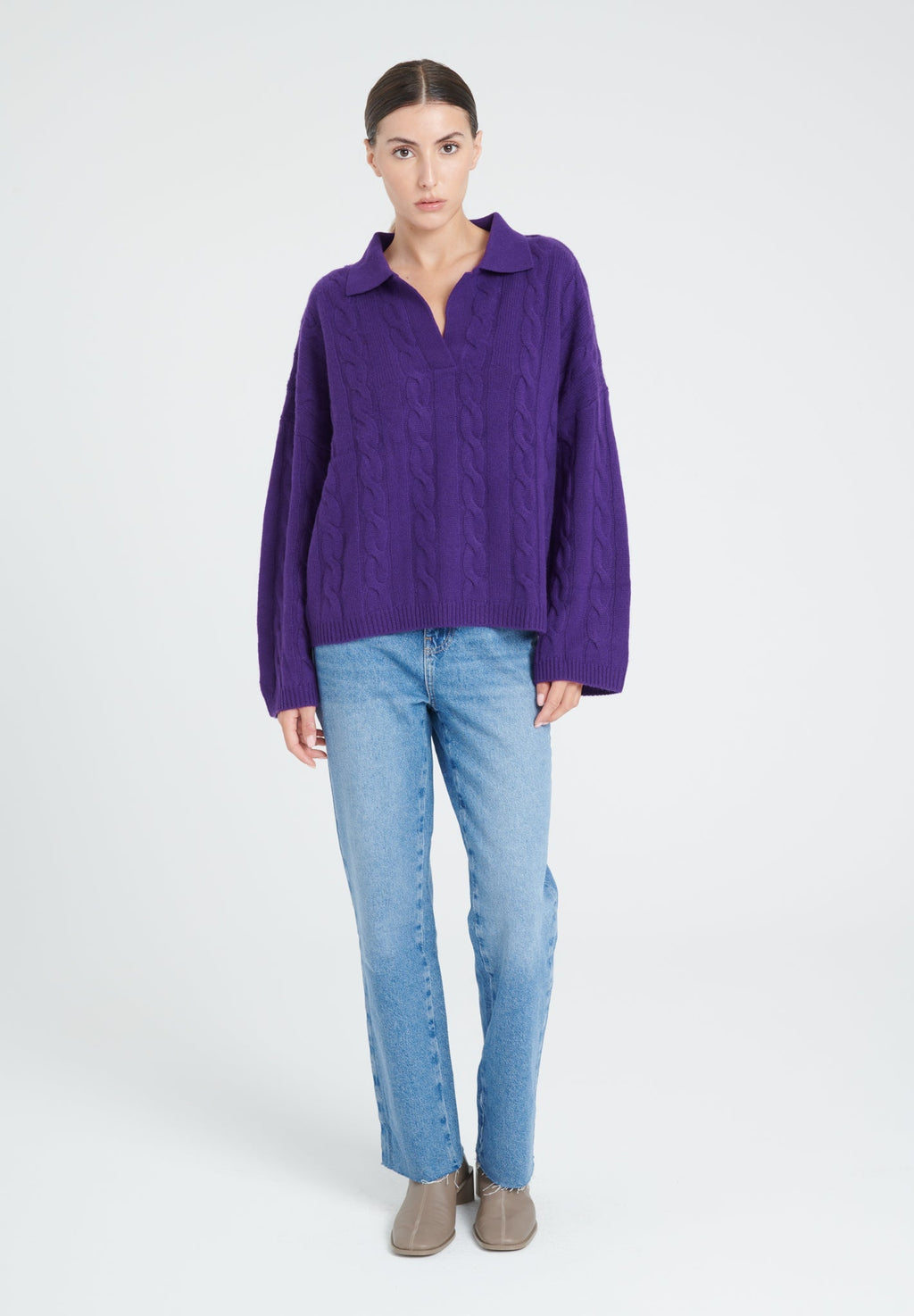 ZAYA 5 6-thread cashmere cable-knit polo shirt in purple