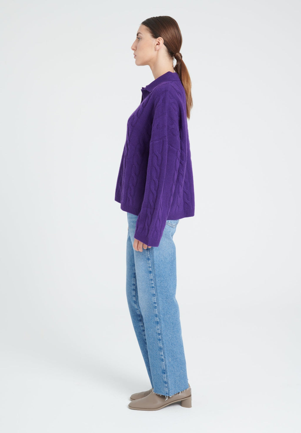 ZAYA 5 6-thread cashmere cable-knit polo shirt in purple