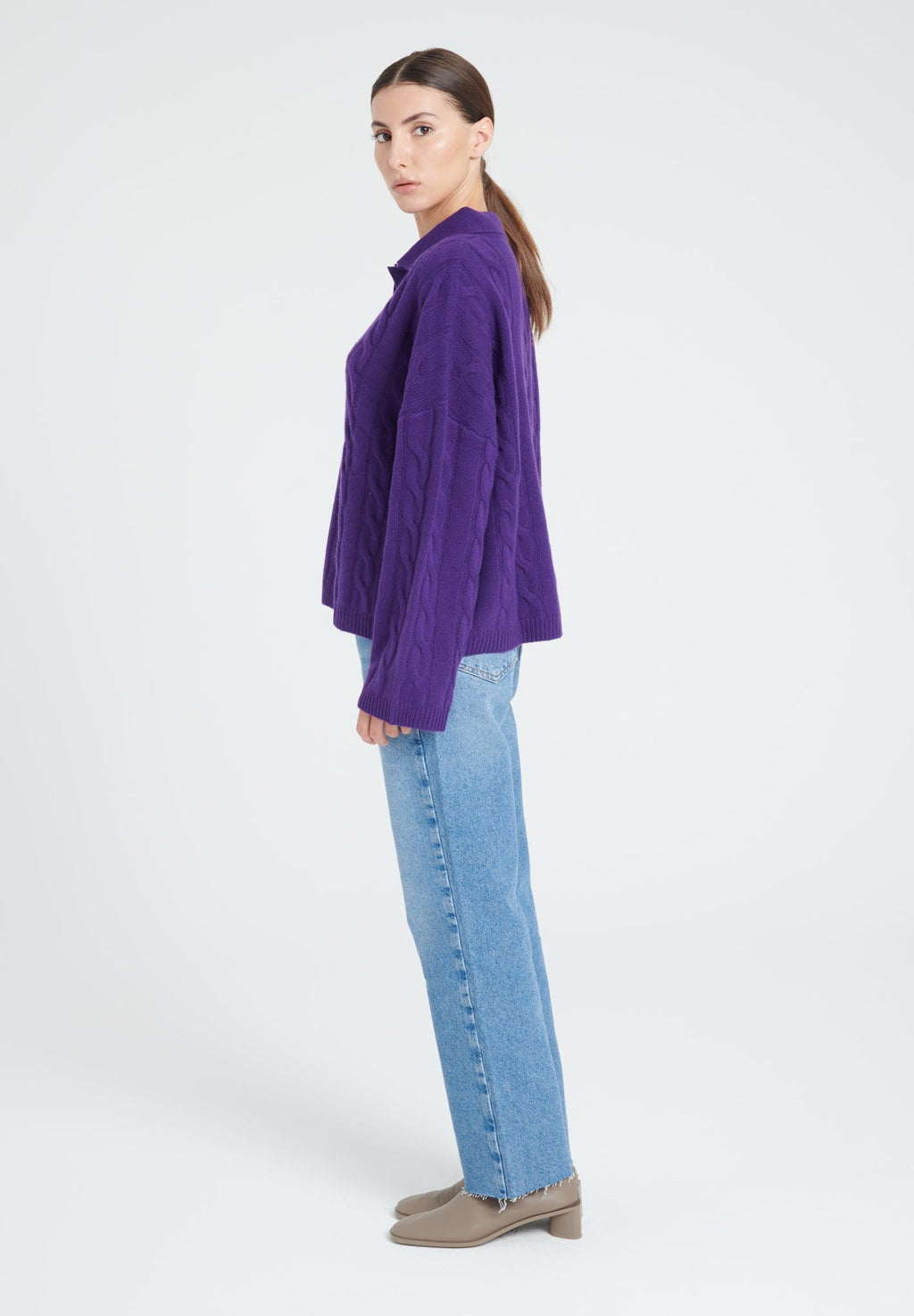 ZAYA 5 6-thread cashmere cable-knit polo shirt in purple