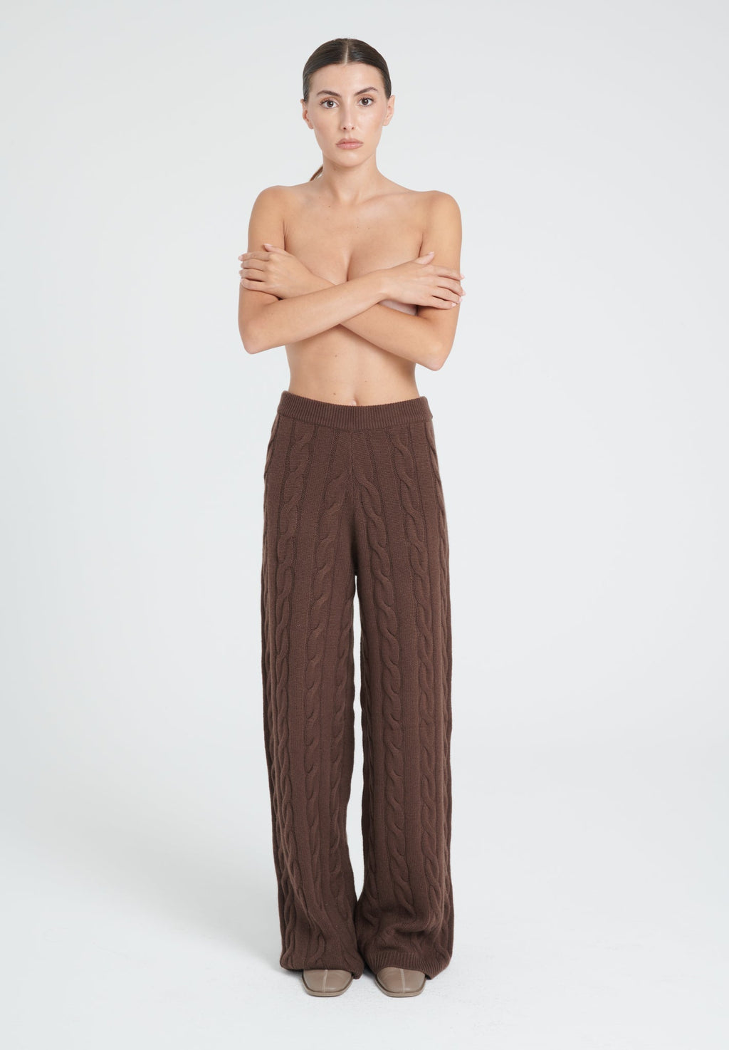 ZAYA 6 Brown 6-thread cashmere cable-knit pants