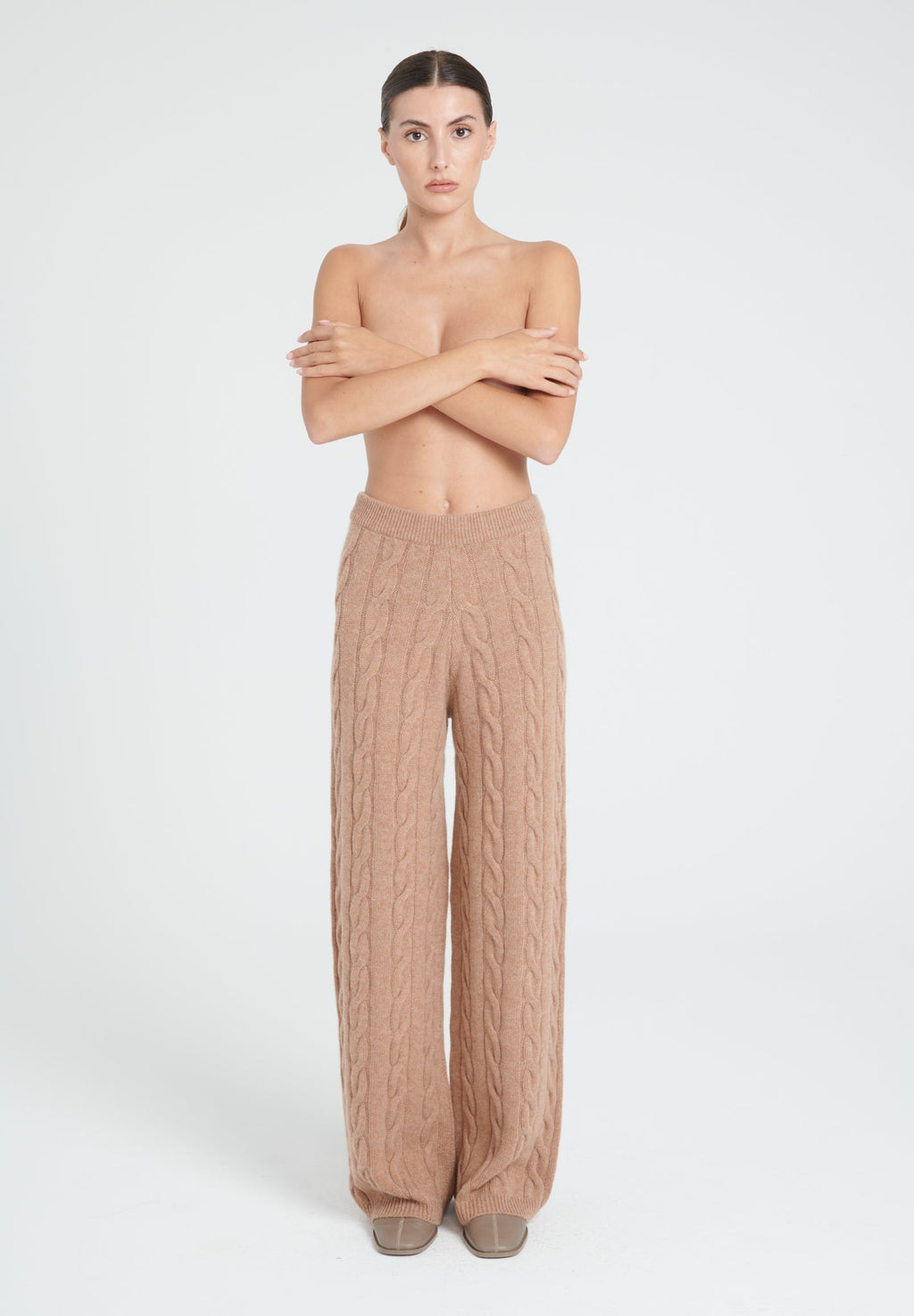 ZAYA 6 Camel 6-thread cashmere cable-knit pants