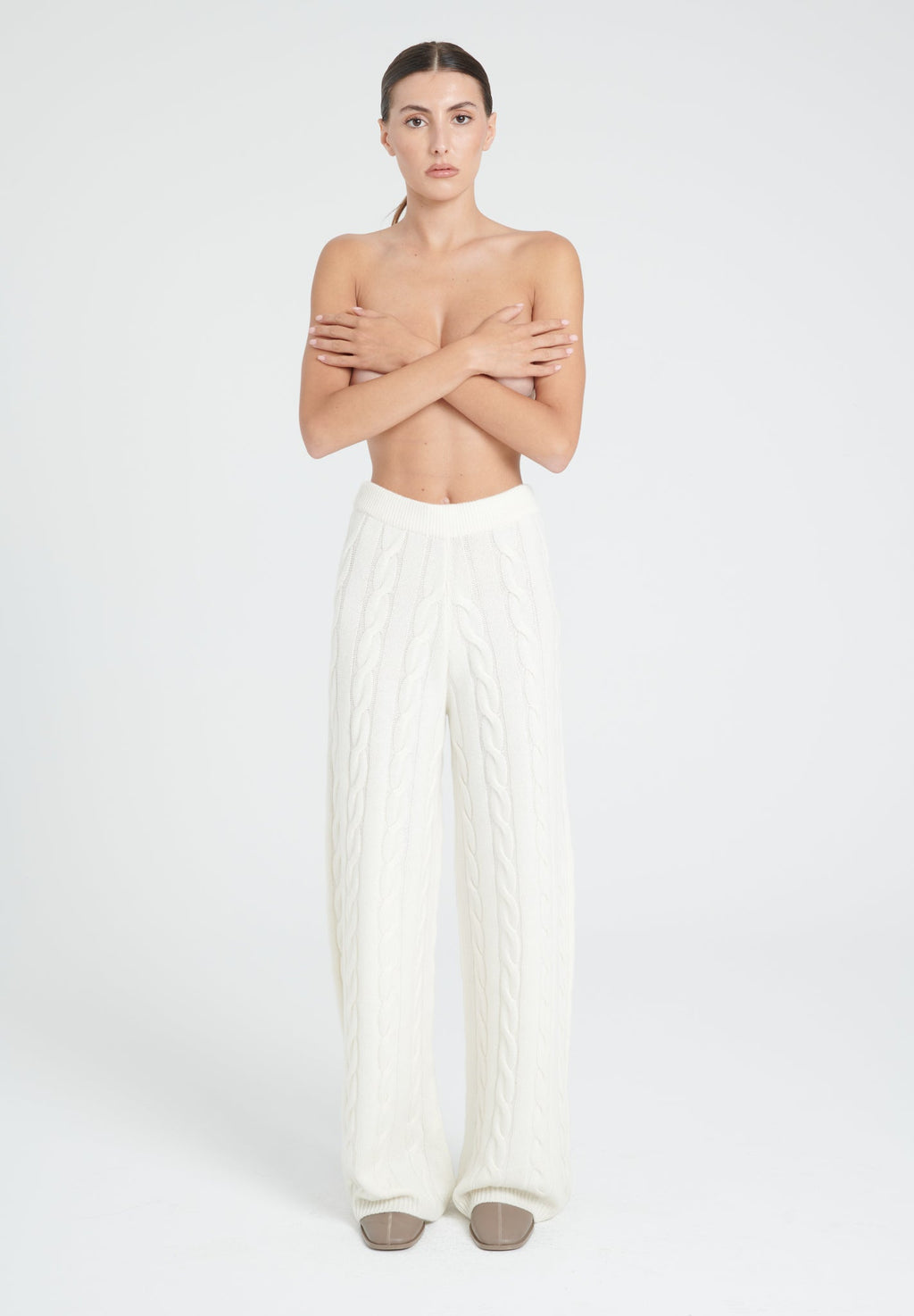 ZAYA 6 Ecru white 6-thread cashmere cable-knit pants