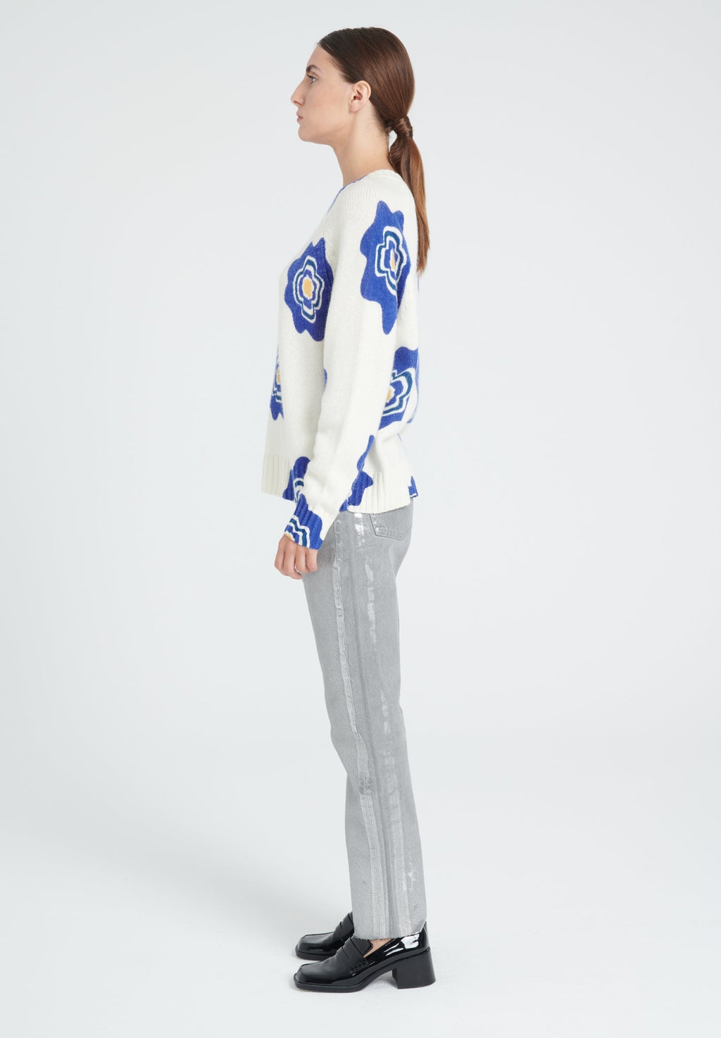 ZAYA 20 Round-neck sweater with raglan sleeves, flower print in ecru 6-thread-count cashmere