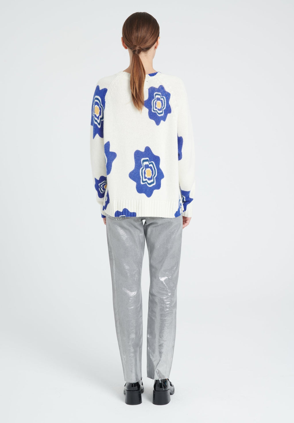 ZAYA 20 Round-neck sweater with raglan sleeves, flower print in ecru 6-thread-count cashmere