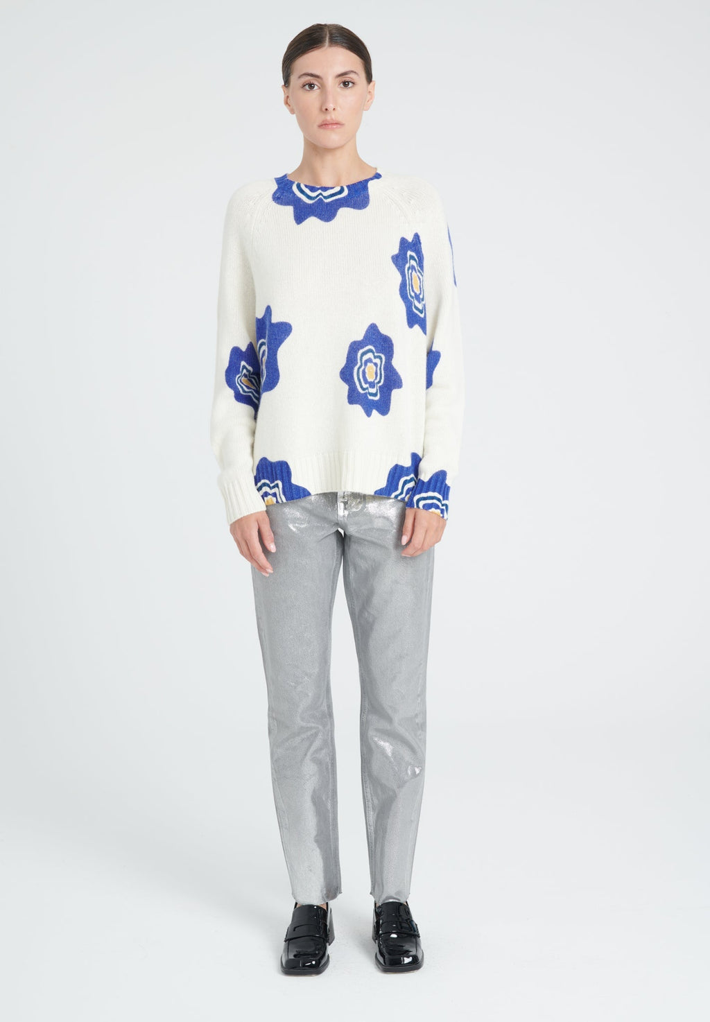 ZAYA 20 Round-neck sweater with raglan sleeves, flower print in ecru 6-thread-count cashmere