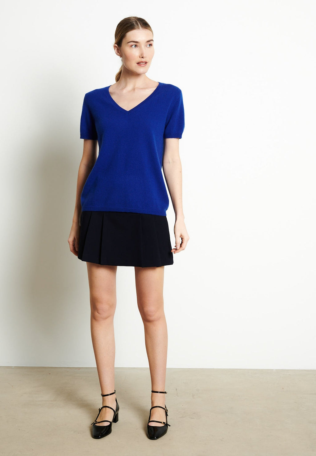 LILLY 14 V-neck cashmere T-shirt short sleeves petrol blue